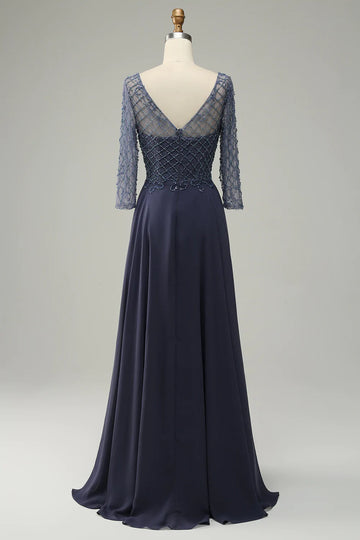 Mangas Largas Vestido de Madrina Gris Azul